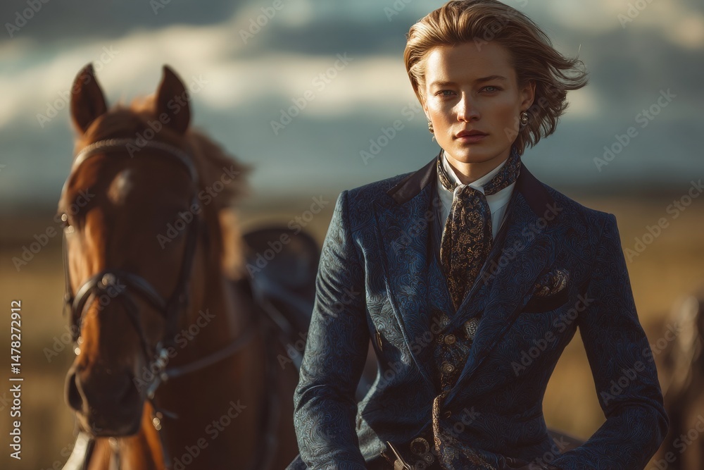 A poised rider sits confidently on a horse, wearing a tailored dark blue suit with intricate patterns and a unique necktie. The backdrop features a vast landscape and a moody sky.