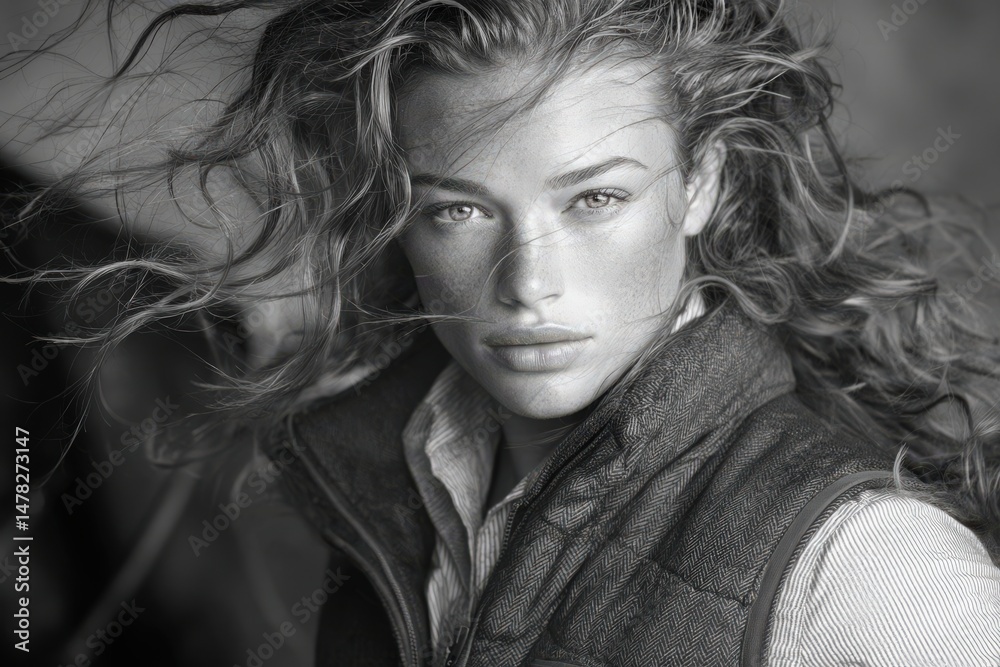 A young woman with textured, wavy hair looks directly into the camera. Soft natural light highlights her features and evokes a sense of strength and confidence.