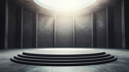 Poster - Circular podium in a dark, minimalist concrete room with a skylight.