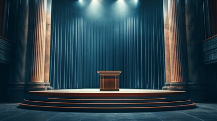 Poster - Empty podium on stage with curtains and pillars.