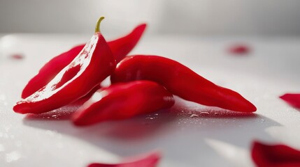 Aufkleber - Close-up of vibrant red chili peppers with water droplets, on a white surface with rose petals.