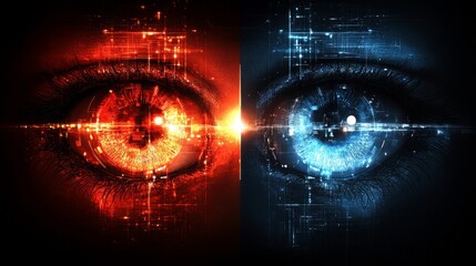 Aufkleber - Dual Perspectives: Two eyes, one colored red, the other blue, juxtaposed against a dark background. The red eye is bathed in a digital glow, while the blue eye shines with a data-driven light.