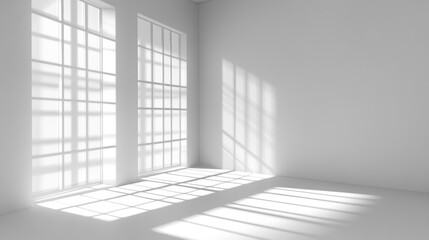 Poster - Sunlight streams through large windows in a minimalist white room, casting shadows on the floor.