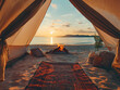 © +27.000 BOU - Sunset Beach Camp: A warm fire crackles in the sand of a pristine beach as the sun dips below the horizon, casting a golden glow over the tranquil waters. The view from inside a cozy.