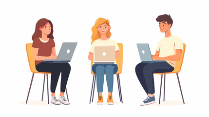 Aufkleber - Team of Techies Engaged: Three individuals engrossed in their laptops, showcasing a dynamic illustration of technological collaboration and focused activity.