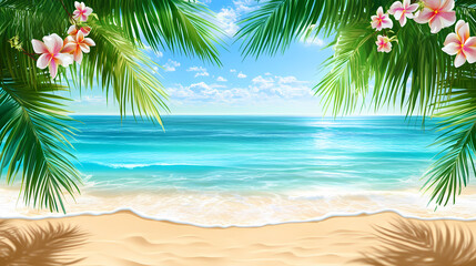  Tropical Beach Paradise: A picturesque tropical beach scene featuring lush green palm trees, pink flowers, and a vibrant turquoise ocean sparkling under a sunny sky.