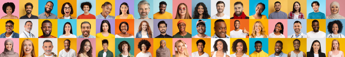 Poster - A vibrant collage displays a variety of people with joyful expressions against colorful backgrounds. These diverse individuals represent a rich tapestry of cultures and lifestyles.