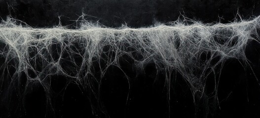 Close-up view of intricate white spider webs suspended against a dark background creating a delicate and eerie visual effect