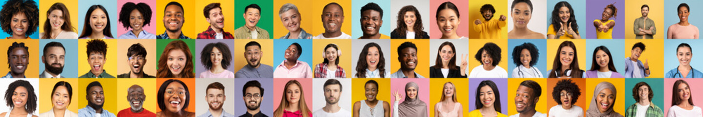 Poster - A vibrant collection of diverse individuals smiling and expressing happiness. Each portrait captures unique features and styles against colorful backgrounds, celebrating diversity and unity.