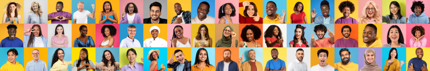 Poster - A collection of diverse individuals showcases joy and togetherness. Each person is captured with unique expressions against colorful backgrounds.
