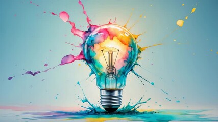 Poster - Artistic representation of a light bulb bursting with colorful watercolors. Concept and innovation.