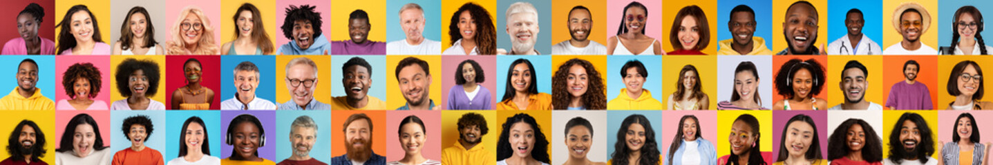 Poster - A vibrant collage of diverse individuals smiling and displaying unique lifestyles. This collection captures the essence of diversity against colorful backgrounds, celebrating diversity.