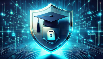 Poster - cybersecurity education graduation cap on shield with lock digital security data protection cybersecurity education