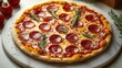 © smartcat - Freshly baked pepperoni pizza with melted cheese and tomato sauce garnished with rosemary sprigs on a round marble board
