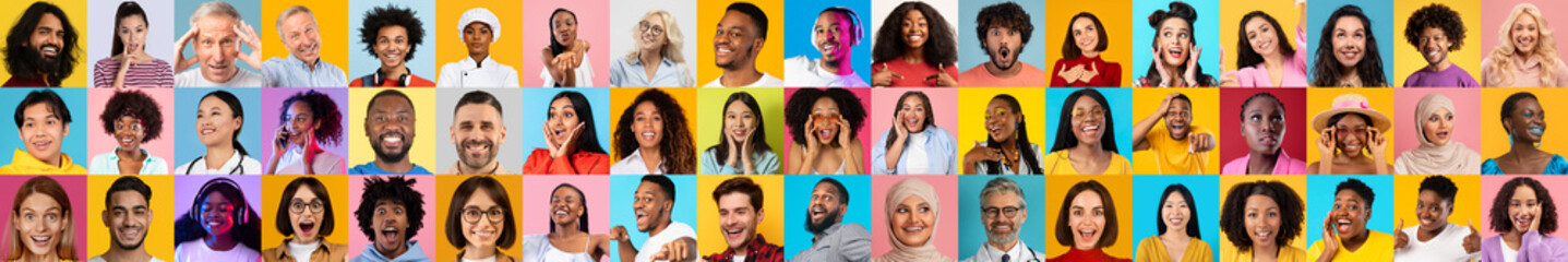 Poster - This lively collage features a multiethnic group of individuals smiling and expressing happiness. The vibrant colors create a joyful atmosphere that celebrates diversity and connection among people.