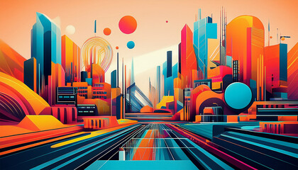 Poster - abstract industrial landscape with geometric forms and vibrant colors