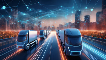 Poster - futuristic scene of autonomous trucks connected in a network showcasing the potential of self driving technology in transportation and logistics