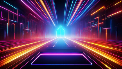 Poster - a futuristic scene showing a glowing rectangular portal with vibrant light streams radiating outwards in all directions