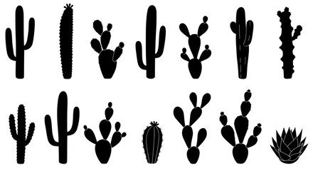Fototapete - Desert Silhouettes: A striking collection of various cactus silhouettes against a clear background, perfect for design projects. Showcasing the diverse shapes and forms of desert cacti.