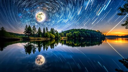 Wall Mural - tranquil lake reflects star trails and full moon in a breathtaking night sky