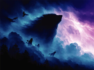  Mystical Wolves Silhouette Howling Under Purple Lightning Storm with Ravens in Magical Night Sky Vector Fantasy Artwork for Posters Tattoos Wallpaper and Backgrounds