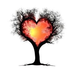 Poster - A stylized tree with a heart shaped crown glowing with orange light against a transparent background scene. tree with heart
