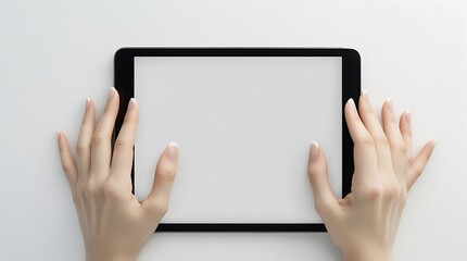 Minimalist composition of hands holding a tablet device with empty display on a white surface, ideal for showcasing user interface, technology concepts, or digital design previews


