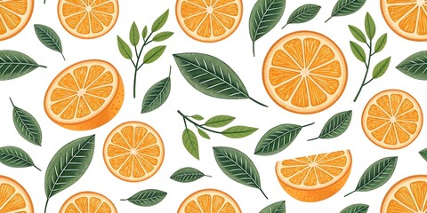 Poster - Seamless Pattern of Juicy Orange Slices and Lush Green Leaves