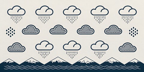 Poster - Geometric Rain Clouds Over Mountain Landscape: Minimalist Vector Illustration