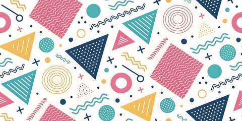 Poster - Memphis Style Geometric Seamless Pattern: Colorful Abstract Background with Triangles, Squares, and Circles