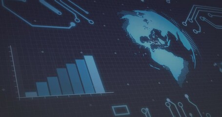 Poster - Stylized digital globe spinning, showing rising bar chart and glowing circuit lines in flat design