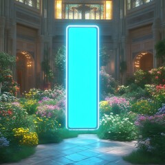 Poster - glowing portal in floral garden. digital art