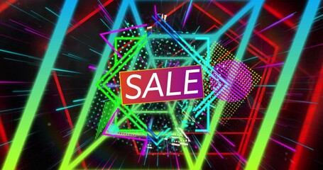 Poster - Rectangular SALE banner being showcased amid neon shapes and lines in futuristic illustration