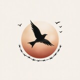 A bird silhouette flies in front of a sunset with barbed wire below, symbolizing freedom and barriers.