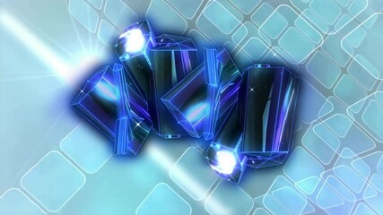 Poster - Cluster of glowing blue faceted crystals floating in cyan 3D grid background, with light streaks