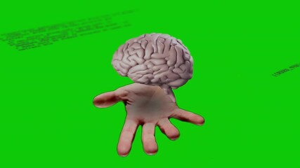 Poster - Human hand holding floating 3D brain model over green backdrop, code lines receding in 3D render