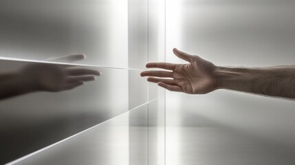 Poster - Hand Reaching Out Towards Reflection on Glossy Metal Surface