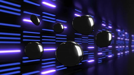 Poster - Glossy black 3D blobs floating in futuristic corridor, glowing with blue and purple neon light bars