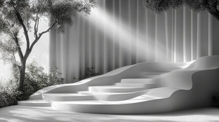 Aufkleber - **Architectural Grandeur: A Serene Stage for Reflection:** An elegant, monochrome photograph showcasing a series of graceful, layered steps, bathed in ethereal sunlight.