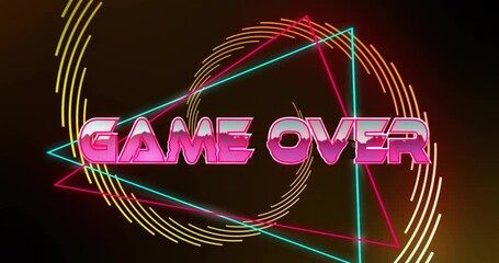 Poster - Neon GAME OVER text flashing center, glowing geometric shapes floating around flat digital stage