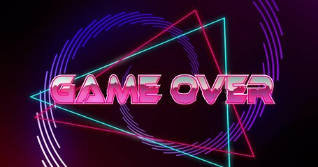 Poster - Neon GAME OVER text glowing center on dark gradient backdrop with intersecting triangles and arcs