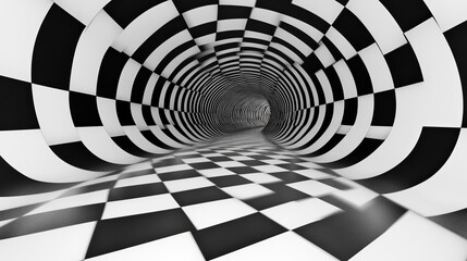 Poster - Abstract Black White Checkered Tunnel Design Modern Geometric Background Digital Art 3D Illustration Graphic Resource Pattern Wallpaper Trendy Stylish
