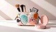 © ketkata - Elegant makeup bag filled with cosmetic brushes and accessories placed on a wooden table with soft bokeh lights in the background — ideal for beauty, skincare, and fashion lifestyle content