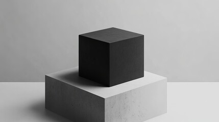 Poster - Minimalist Black Cube on White Platform Modern Abstract Product Display Background Simple Elegant Studio Shot Clean Design Geometric Shape            