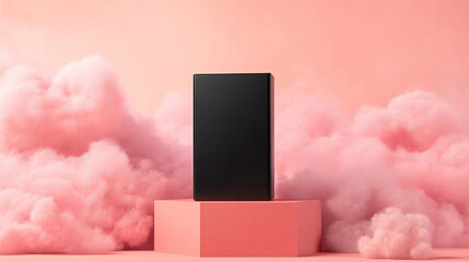 Poster - Elegant Black Product Mockup on Pink Hexagon Minimalist Pastel Clouds Soft Background Studio Scene Advertising Branding Template Design Presentation  