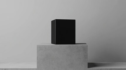 Poster - Black Cube Minimalist Product Display Mockup on Grey Concrete Platform Elegant Simple Studio Background Modern Design Clean Aesthetic Blank Space     