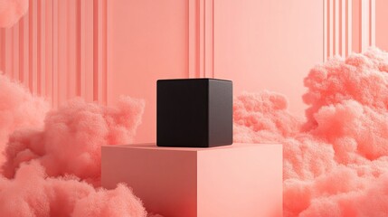 Poster - Abstract Black Cube Pink Fluffy Clouds Minimalist Modern Product Display Background Pastel Studio Scene Elegant Soft Texture Showcase Design          