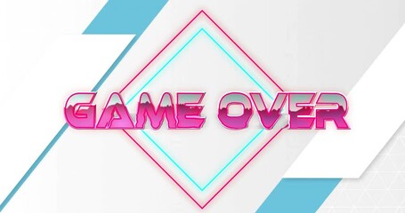 Poster - Neon pink and cyan GAME OVER text pulsing in neon diamond frame, over flat design shapes