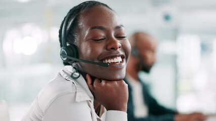 Poster - Call center, black woman and face with headset for consultant, smile and support with advisory. Office, female person and business agent in portrait for customer service, crm assistance and coworking