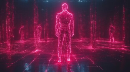 Aufkleber - Digital Silhouette: A captivating digital representation of human forms, rendered in vibrant red hues, standing within an abstract, technologically advanced environment.